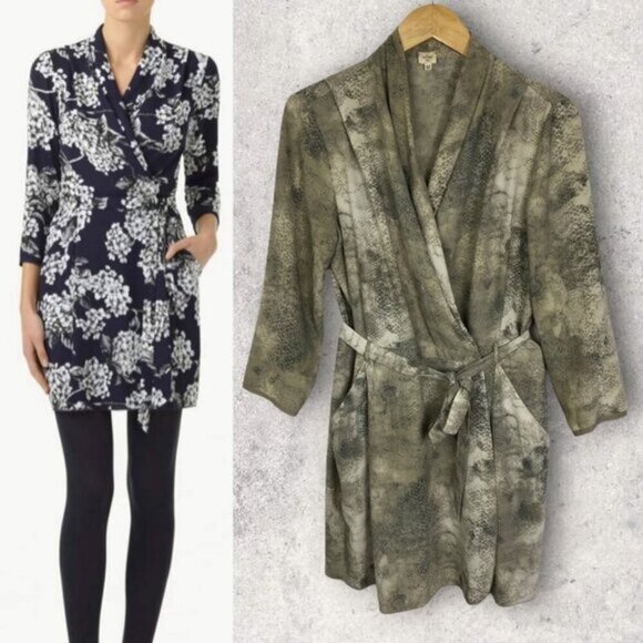 Aritzia Wilfred Franca Wrap Dress Snake Python Print Green Size 10 Mini Belted - Picture 1 of 12